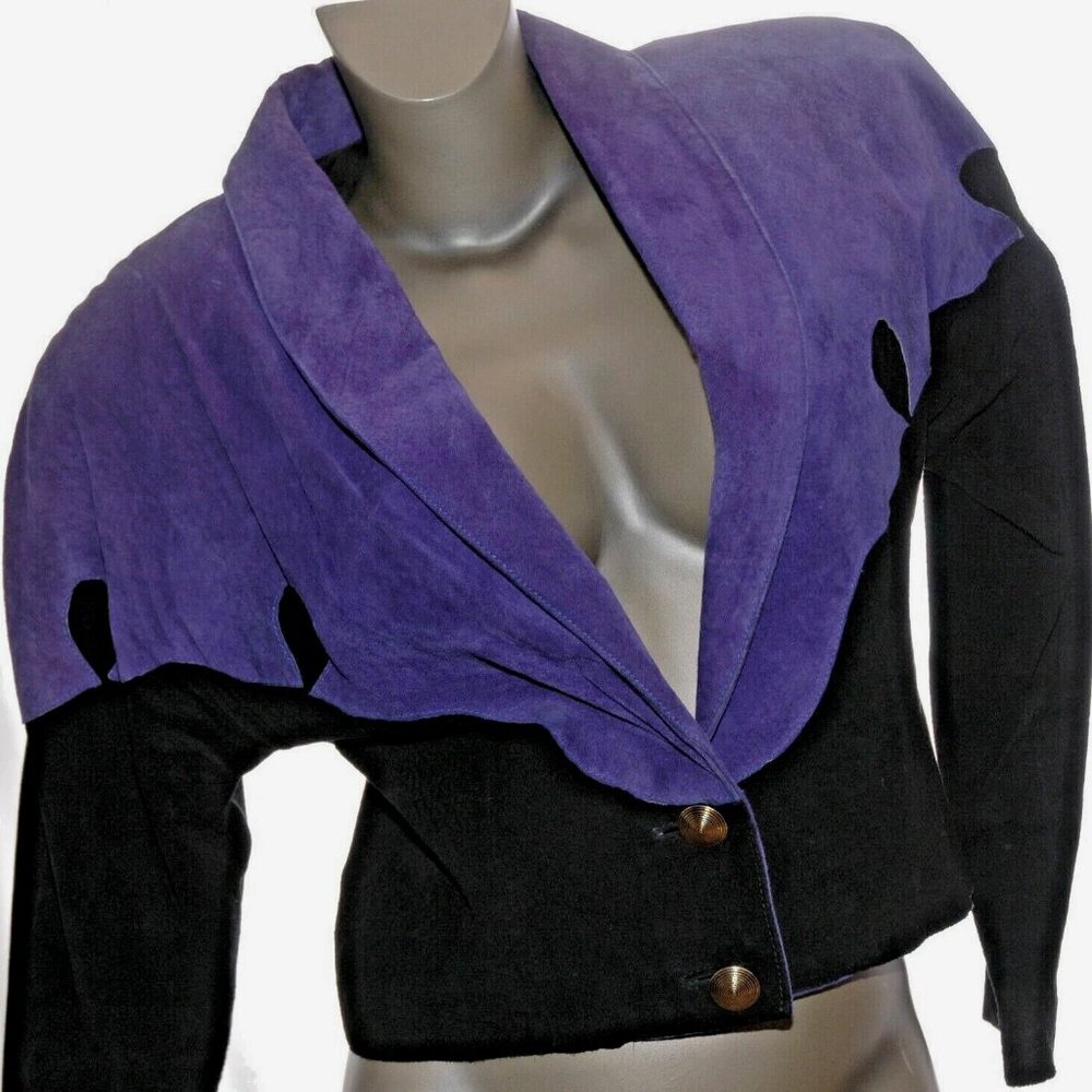 SUEDE Cropped JACKET Leather Coat Vintage 80s 90s MASSIMO Purple Black
